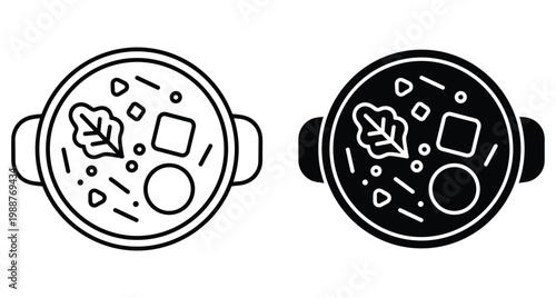 Soup pot icon set featuring hot stew with vegetables and meat in outline and solid black styles for restaurant menus and cooking apps