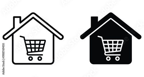House icon with shopping cart inside representing online store home delivery e commerce retail business grocery purchase real estate market symbol set