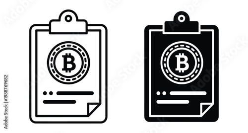 Bitcoin clipboard icon set showing digital currency document with crypto coin symbol for financial reporting and blockchain technology data management