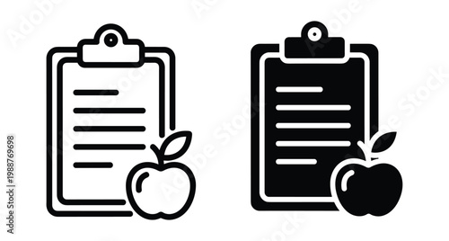 Clipboard with apple icon representing diet plan nutrition schedule healthy eating program medical checkup fitness tracking and wellness management