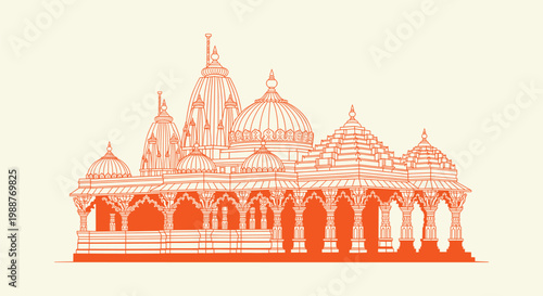 Ornate orange vector illustration of a sacred Hindu temple showing traditional Indian architecture