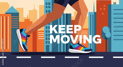 Urban Athlete Running Forward, Colorful Sneakers With The Motivational Phrase Keep Moving Forever