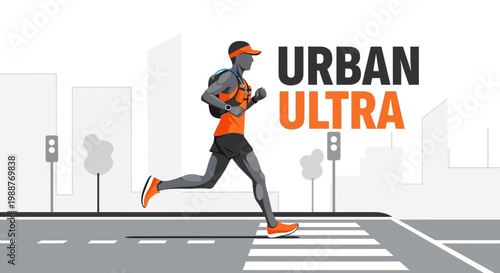 Urban Athlete Running Across Roadway, Fitness and Endurance Concept Design