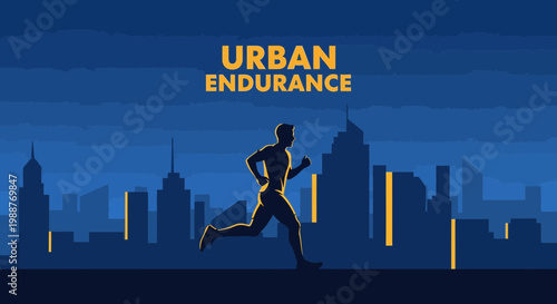 Urban Athlete Running Through City at Night, Silhouette Style, Endurance Focus