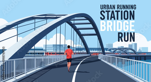 Urban Athlete Running Across a Modern City Bridge Illustrative Artwork Example