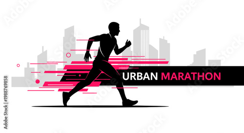 Urban Marathon Illustration Depicting Runner Sprinting In A Cityscape Background, Vector