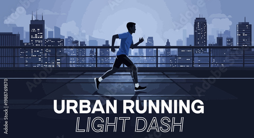 Urban Athlete Runs Across Cityscape with Skyscrapers Silhouette for Graphic Design
