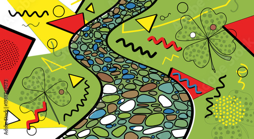 Vibrant memphis style illustration with winding river and geometric shapes