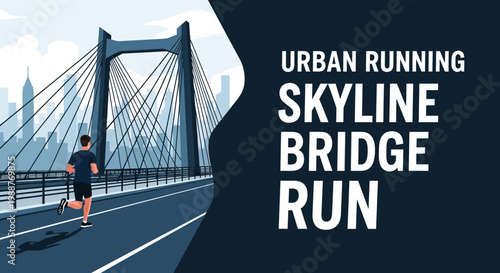 Urban Athlete Running On Bridge Across City, Skyline Exercise, Fitness Vector Illustration