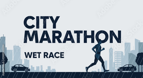 Urban Marathon Race Illustration Depicting Running in a Cityscape Under Rainy Weather