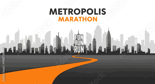 Urban Marathon Graphic Featuring Silhouette City, Running Route and Event Typography Concept
