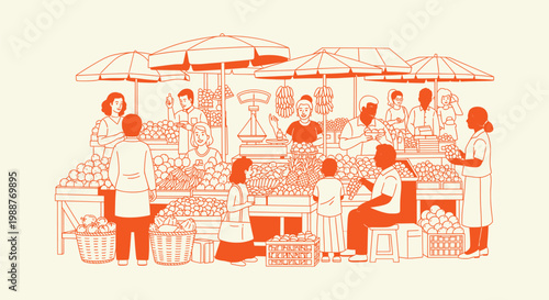 Bustling local marketplace scene with vendors and customers shopping for fresh organic farm produce