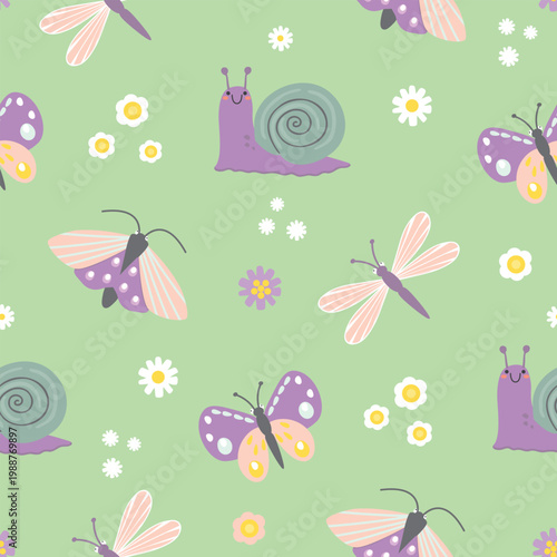 Snail, dragonflies, butterflies seamless pattern. Funny insects in pastel pallette on green background with flowers. Simple hand drawn print on fabric and paper. Vector design for textile, wallpaper.