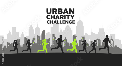 Urban Charity Challenge Runners Silhouette Against Cityscape Background