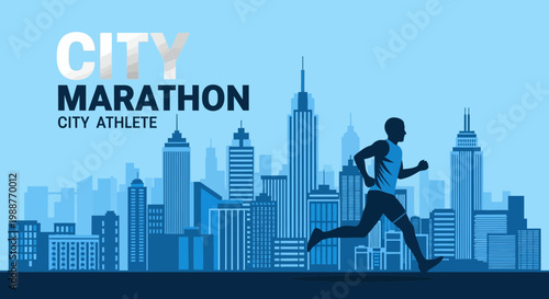 Urban Marathon Runner Silhouette In Front Of City Buildings With Skyline Background Illustration