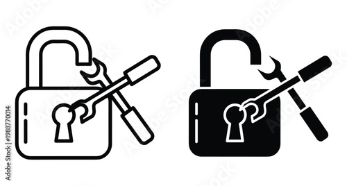 Padlock repair service icon set with wrench and screwdriver tools for security maintenance locksmith business and technical support symbol design