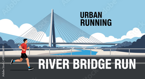 Urban Runner Crossing Modern River Bridge Scenic Landscape