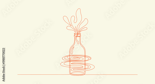 Continuous Line Drawing of a Glass Bottle with Liquid Splash and Swirls Minimalist Vector Art