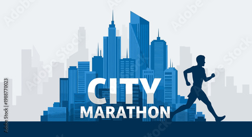 Urban Marathon Runner Silhouette In Front Of City Buildings With Blue and White Color Scheme