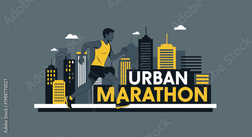 Urban Marathon Runner Silhouette in Cityscape, Conceptual Sports Illustration Design