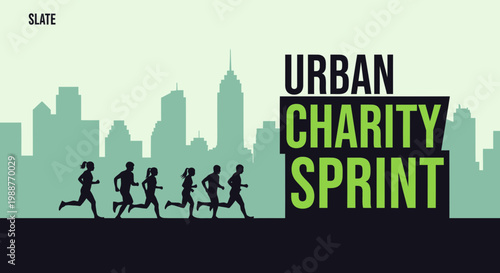 Urban Charity Sprint Race With City Silhouette and People: A Charitable Sport Event