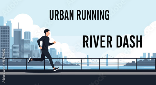 Urban Runner Sprinting Across Riverfront With City Skyline Backdrop and Modern Design