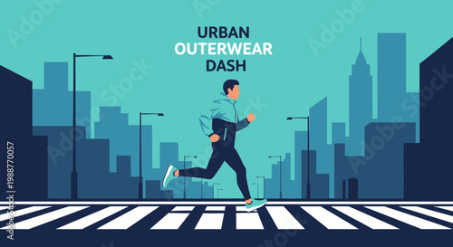 Urban Runner Crossing Street At Dusk: Modern Style Outdoor Athletic Vector Illustration