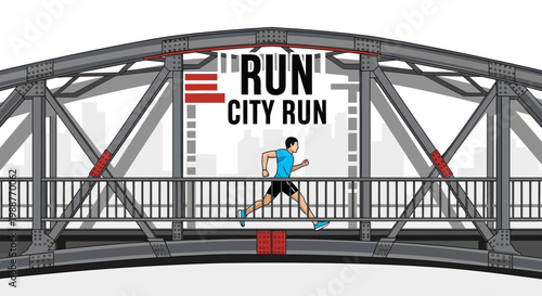 Urban Runner Crossing Iconic Metallic Structure, Embracing Fitness in the City