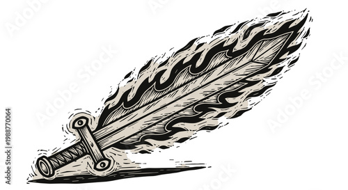 A sword with a feather like blade and decorative hilt