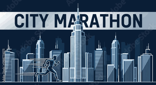 Urban Marathon Runner Silhouette In Front Of Modern City Skyline In A Vector Illustration
