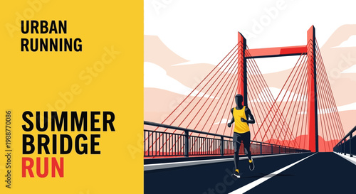 Urban Runner Crossing Red Bridge in Summer, Achieving Fitness Goals During Exercise Time