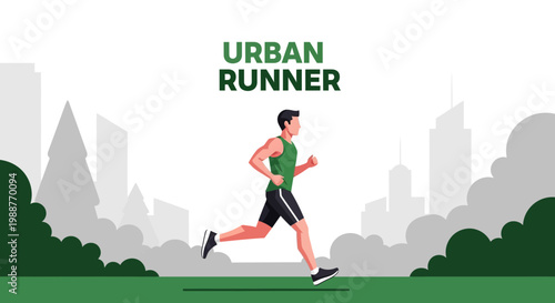 Urban Runner Sprinting Near Cityscape, Vector Illustration of Man Jogging at High Speed