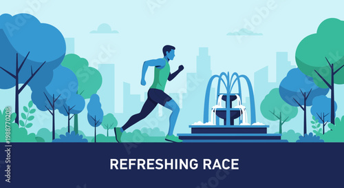 Urban Runner Enjoys Refreshing Park Jog Near Fountain