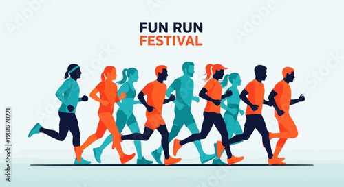 Vibrant Illustrated Group of People Running at a Festival in Energetic Colors