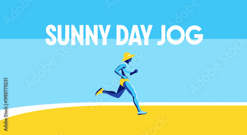 Vibrant Illustrated Jogging Silhouette on Beach Shoreline in Sunny Afternoon