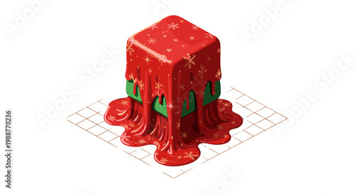 Red cube with green and gold details melting on a grid surface