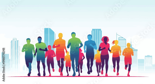 Vibrant Diverse Runners Silhouette Marathon Event Against Cityscape Background