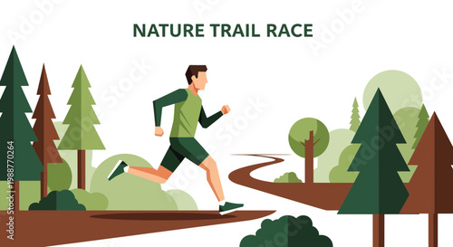 Vibrant Illustrated Nature Trail Race, Athletic Runner, Athletic Event, Outdoors Fitness Concept