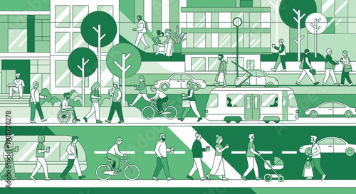 Urban Commuting Scene Depicting Modern City Life, People, Transport, And Environment