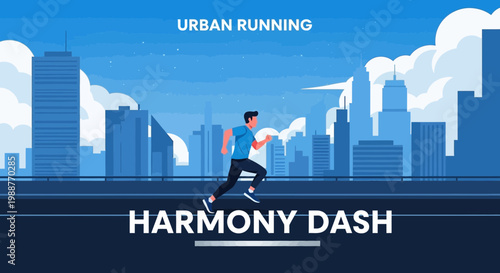 Urban Runner In Action, Energetic Dash Across The City Silhouette For Fitness Concept
