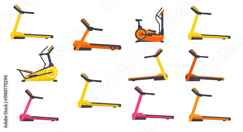 Vibrant Fitness Equipment Collection: Treadmills, Ellipticals, and Exercise Bikes on White