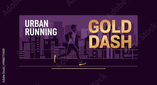 Urban Runner In Gold Dash Across Skyline During Exciting Night Race Event