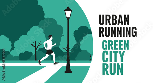 Urban Runner In Green Park, Illustration Depicting Healthy Lifestyle and City Run Activity