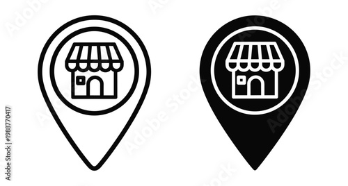 Store location map pin icons set with shop building symbol for navigation retail business marketing and local commerce web interface