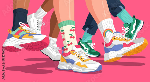 Vibrant Illustrated People Walking Together Wearing Stylish Colorful Sneakers