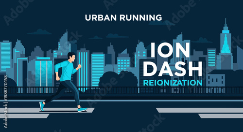 Urban Runner In Modern City, Sporty Runner, Illustrated Night-time Running Concept