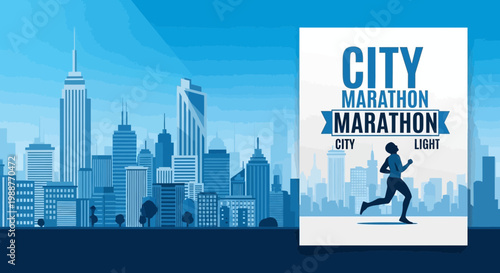 Urban Running Event Advertisement Depicting a Silhouette Runner and a Metropolis Backdrop