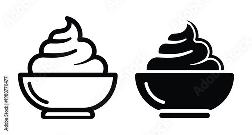 Whipped cream in bowl icon set with outline and solid silhouette styles for food menu dessert dairy yogurt product design