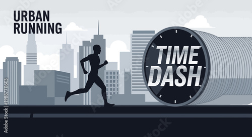 Urban Running Time Dash: A Silhouette Runner Racing Against Abstract Time in Cityscape