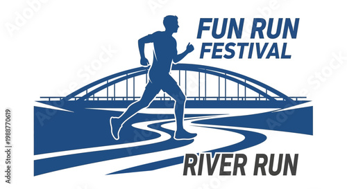 Vibrant Fun Run Festival Featuring Silhouette Runner on Riverside Path Near Iconic Bridge